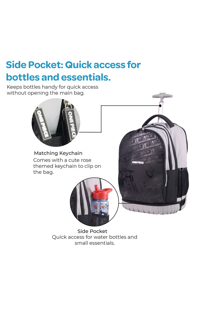 مون MOON Licensed One Piece 3 in 1 Kids Trolley Set   - (18-Inch) Premium Kids School Bag with Lunch Bag & Pencil Case-Black& Grey
