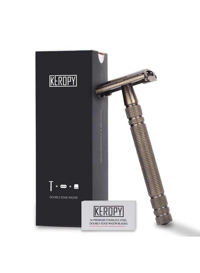 Keropy شفرة حلاقة كيروبى مزدوجة الحافة مع 10 شفرات من الفولاذ المقاوم للصدأ المتميز، برونزية - Image 1