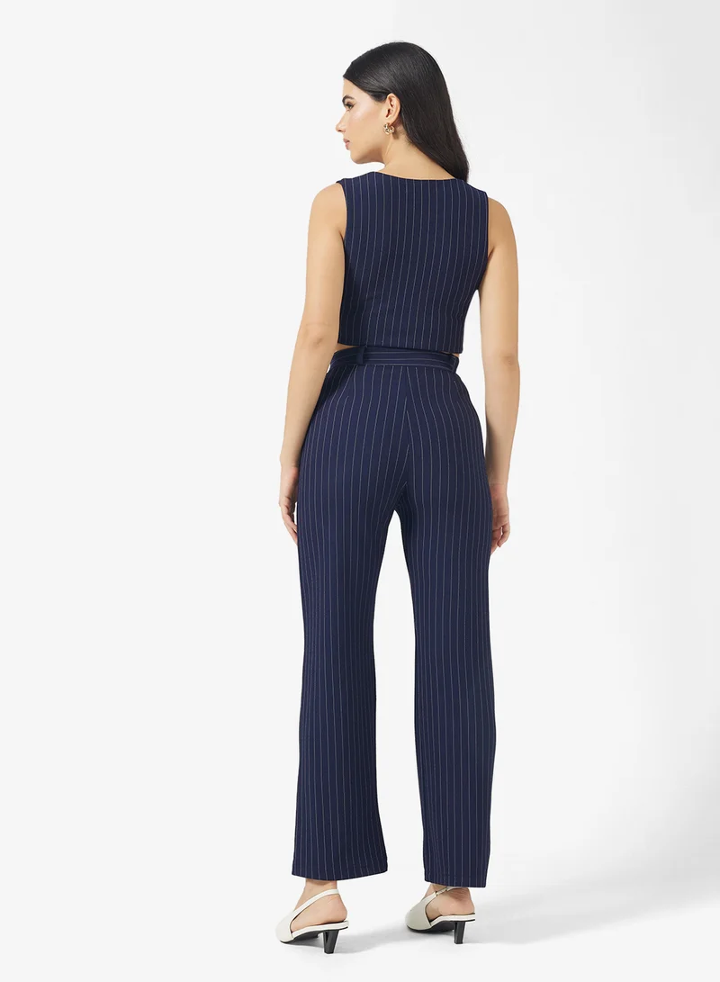 FYOR Striped Two-Piece Set – Sleeveless Buttoned Vest & High-Waisted Pants
