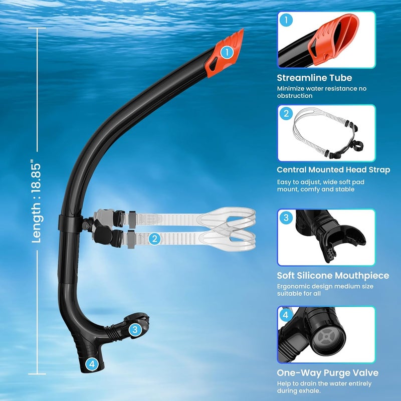 Swimmer's Snorkel for Lap Swimming, Adult Snorkeling Gear Swim Training, Center-Mount Silicone Mouthpiece One-Way Purge Valve in Pool and Open Water - Image 5