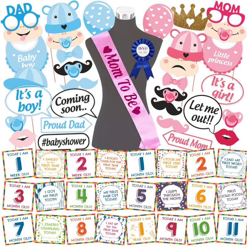 Wobbox Baby Shower Decoration Items| Baby Shower Ceremony Photo Booth Props for Photoshoot, Daddy to Be Badge & Mom to Be Sash with Milestone Card, Godh Bharai Ceremony Decoration Kit-(FP797) - Image 1