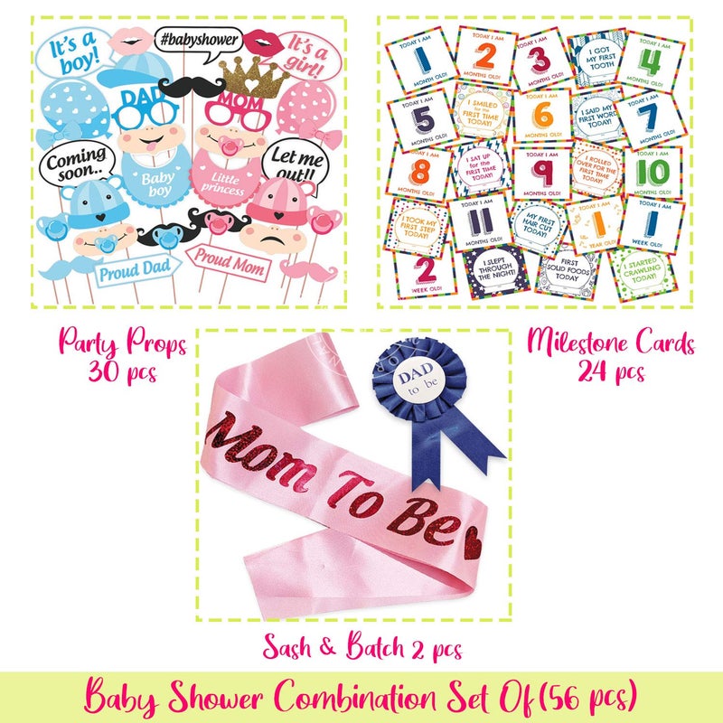 Wobbox Baby Shower Decoration Items| Baby Shower Ceremony Photo Booth Props for Photoshoot, Daddy to Be Badge & Mom to Be Sash with Milestone Card, Godh Bharai Ceremony Decoration Kit-(FP797) - Image 2