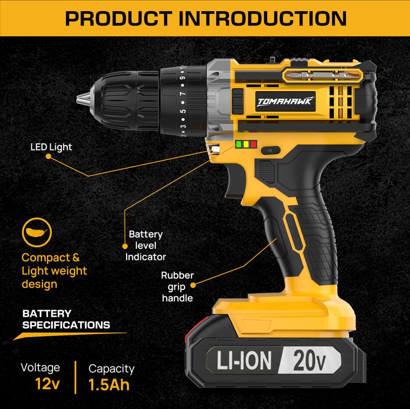 Tomahawk® TCD-20K 20V Cordless Impact Drill & Screwdriver | 35Nm Torque | 2-Speed 400/1400 RPM | 10mm Chuck | 18+1 Settings | Dual 1.5Ah Batteries for Home & DIY - Image 3