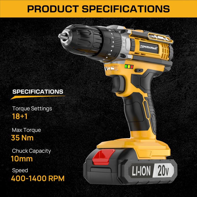 Tomahawk® TCD-20K 20V Cordless Impact Drill & Screwdriver | 35Nm Torque | 2-Speed 400/1400 RPM | 10mm Chuck | 18+1 Settings | Dual 1.5Ah Batteries for Home & DIY - Image 2