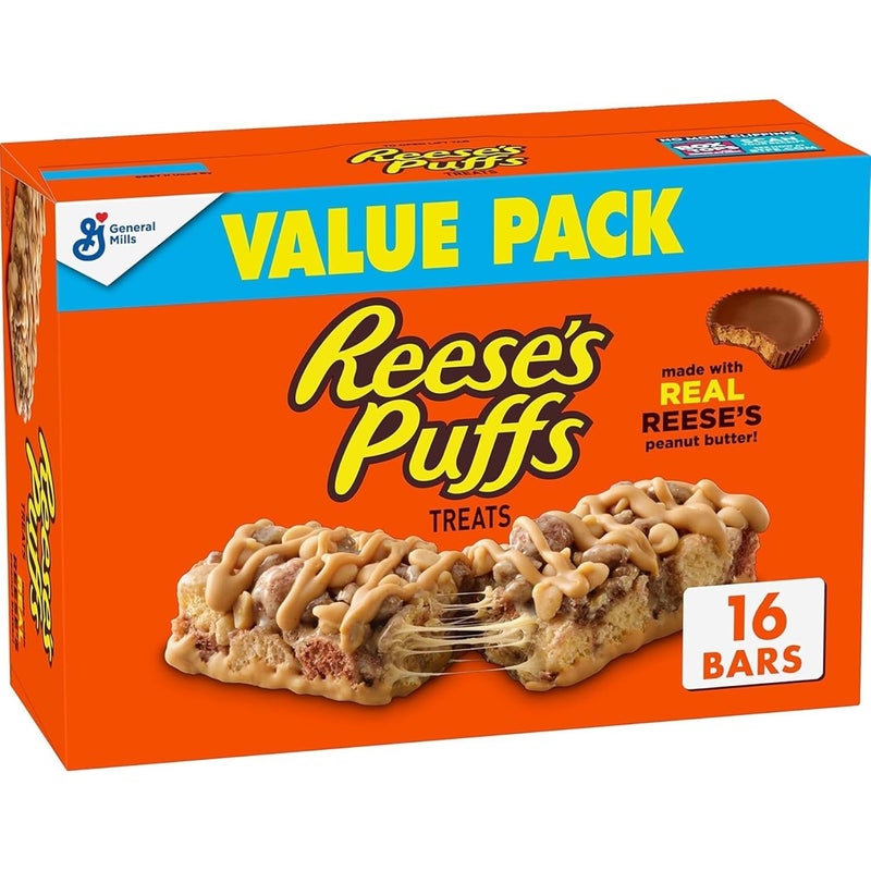 REESE'S Puffs Cereal Treat Bars, Peanut Butter and Cocoa, Snack Bars, Value Pack, 16 Ct, 13.6 oz - Image 1