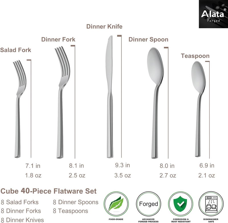 Alata Cube 40Piece Forged Stainless Steel Flatware Set Cutlery Set Silverware Set Service for 8 Mirror Finish Dishwasher Safe - Image 4