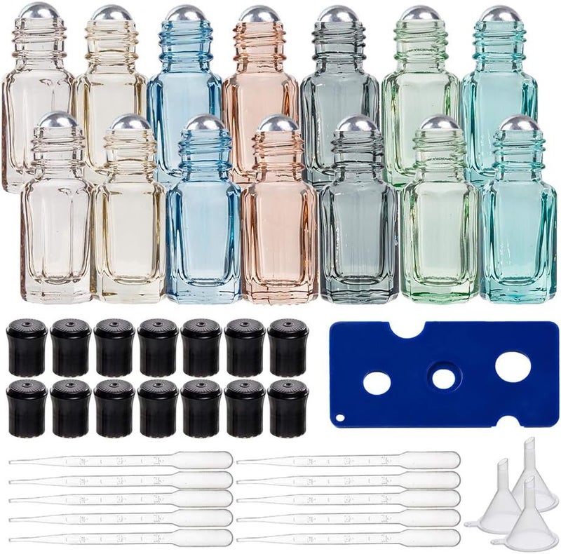 BENECREAT 14 Packs 3ml Multi-color Travel Essential Oil Roller Bottle Mini Glass Cosmetic Vials with Opener, Dropper and Funnel for Essential Oils Perfumes Aromatherapy