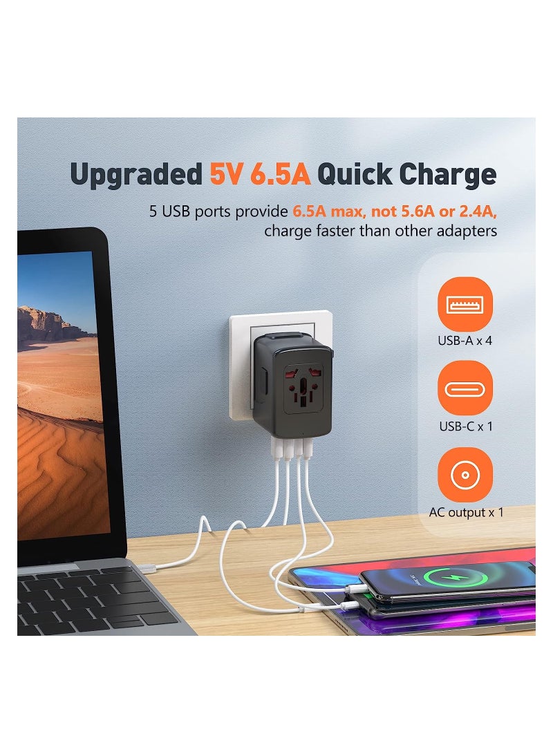 KASTWAVE محول السفر الأوروبي العالمي - شاحن حائط شامل للاستخدام في جميع أنحاء العالم - متوافق مع الولايات المتحدة والمملكة المتحدة وأوروبا وإسبانيا وأستراليا وسويسرا وأيرلندا وإيطاليا - 6.5A 5 مخرج USB نوع-C (أسود) - Image 5