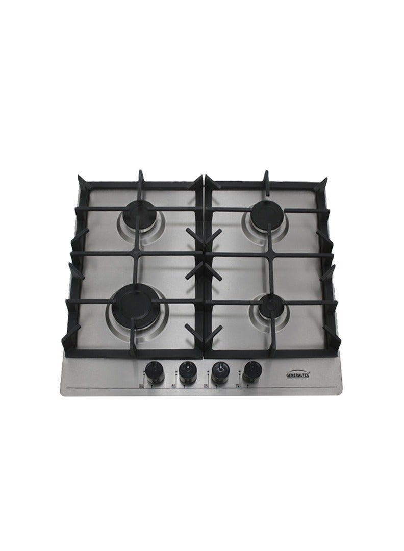 GENERALTEC موقد غاز جنرالتيك 4 شعلات 60 سم، هيكل من الفولاذ المقاوم للصدأ، موقد غاز مدمج مع إشعال تلقائي، تحكم بواسطة مقبض، شعلات ساباف، دعم أواني من الحديد الزهر، موقد غاز مدمج حديث - GCBT604SF