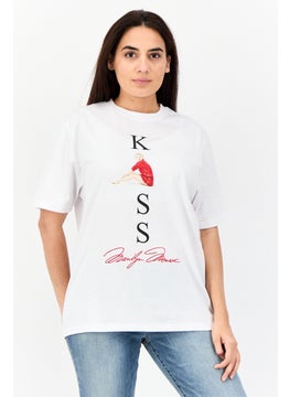 Women Oversized  Crew Neck Short Sleeve Graphic Print T Shirt, White