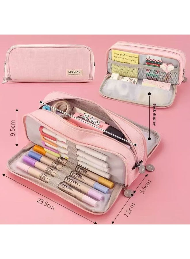 Large Capacity Pencil Bag Three Compartment Pencil Bag Suitable for School Teenagers Girls Boys Outdoor Travel Storage Bag - Pink