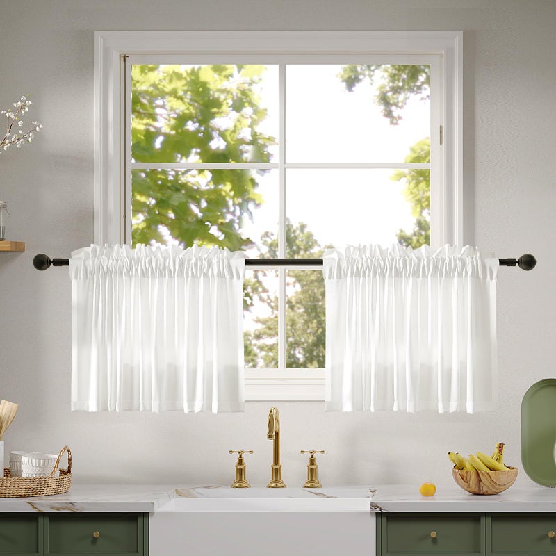 Anmao Non-See-Through Valance Kitchen Curtains 18 Inch Length 2 Panels Set, Off White Privacy Light Filtering Semi Sheer Over Sink Short Cafe Curtain Tiers for Small Windows, 25W x 18L, Ivory White - Image 1