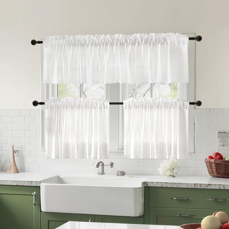 Anmao Non-See-Through Valance Kitchen Curtains 18 Inch Length 2 Panels Set, Off White Privacy Light Filtering Semi Sheer Over Sink Short Cafe Curtain Tiers for Small Windows, 25W x 18L, Ivory White - Image 2