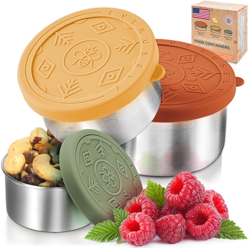 Everusely - Stainless Steel Food Containers - 3 Pack, Muted - Metal Lunch Box - Nesting Snack Containers for Office, Home Food Storage - Leakproof Silicone Lids - Dishwasher and Freezer Safe - Image 1