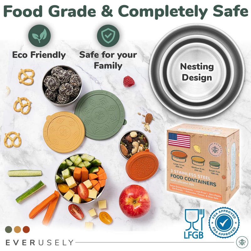 Everusely - Stainless Steel Food Containers - 3 Pack, Muted - Metal Lunch Box - Nesting Snack Containers for Office, Home Food Storage - Leakproof Silicone Lids - Dishwasher and Freezer Safe - Image 4