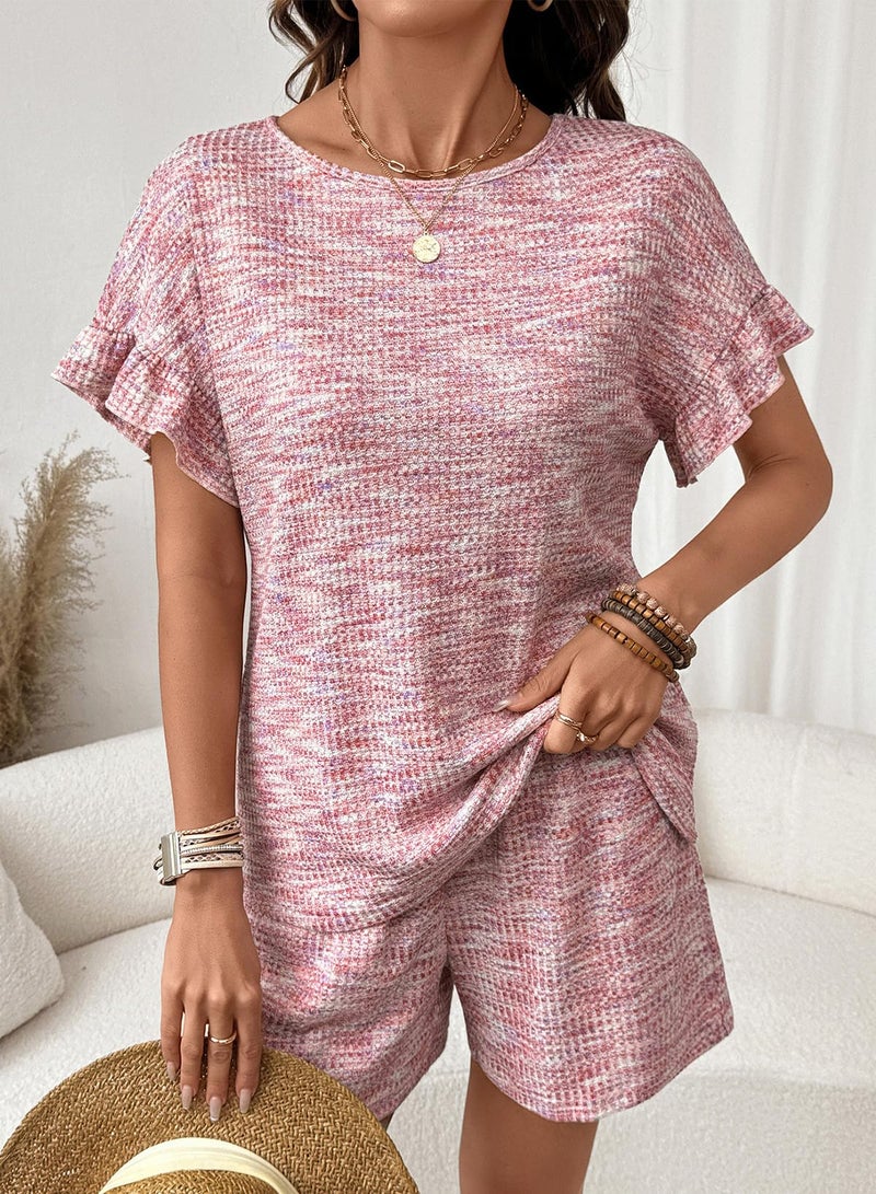 Dokotoo Womens Two Piece Summer Outfits for Women Casual Matching Sets Short Sleeve Crewneck Top and High Waisted Shorts for Home Travel Light Pink Large - Image 5
