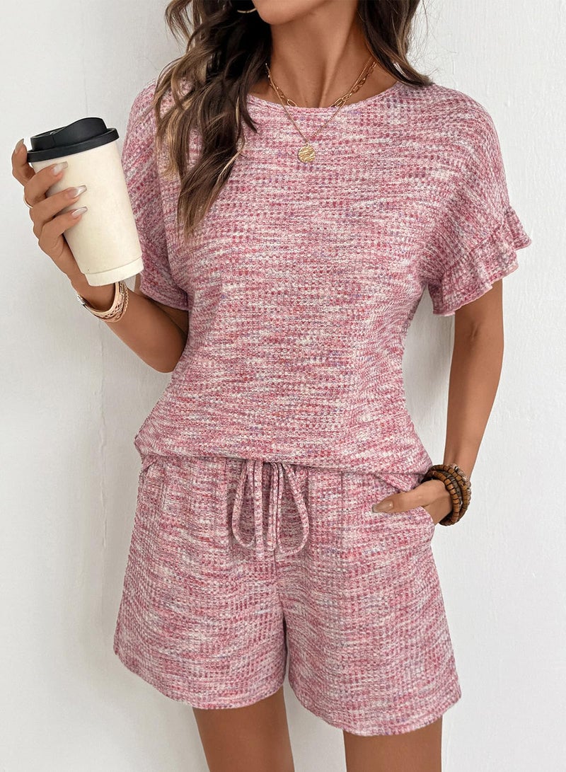 Dokotoo Womens Two Piece Summer Outfits for Women Casual Matching Sets Short Sleeve Crewneck Top and High Waisted Shorts for Home Travel Light Pink Large - Image 2