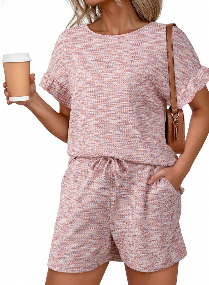 Dokotoo Womens Two Piece Summer Outfits for Women Casual Matching Sets Short Sleeve Crewneck Top and High Waisted Shorts for Home Travel Light Pink Large - Image 1