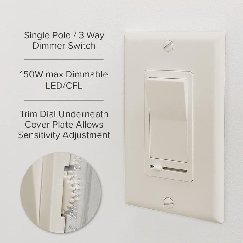 Maxxima LED Slide Dimmer Rocker Switch - 3-Way/Single Pole Compatible, Decorative Electrical Light Switch, 600 Watt Max, LED Compatible for Indoor Home Use, Wall Plate Cover Included - Almond - Image 5