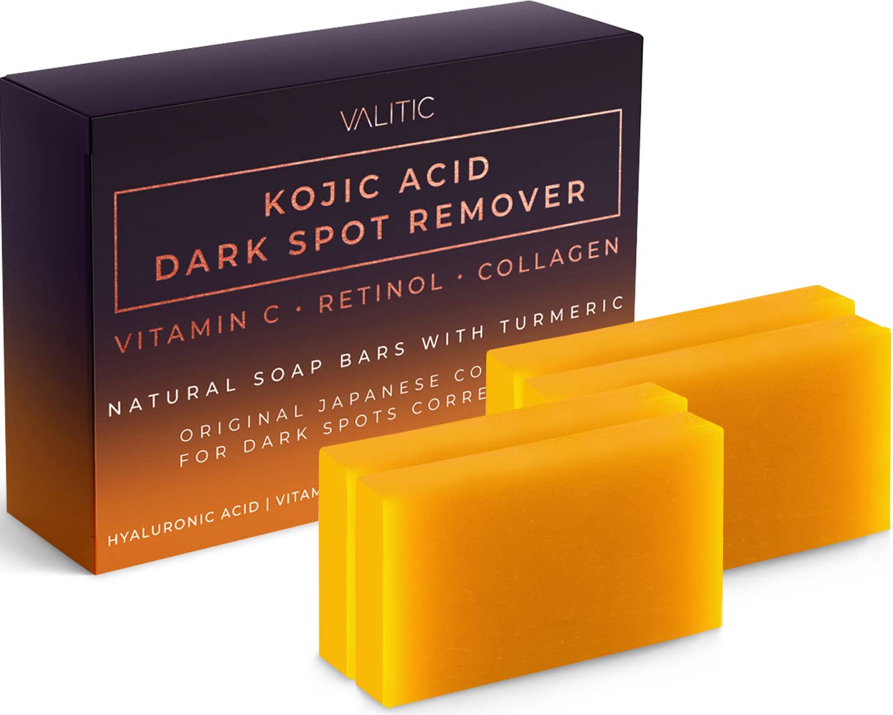 VALITIC Kojic Acid Dark Spot Remover Soap Bars with Vitamin C Retinol Collagen Turmeric  Original Japanese Complex Infused Hyaluronic Acid E Shea Butter Castile Olive Oil 4 Pack