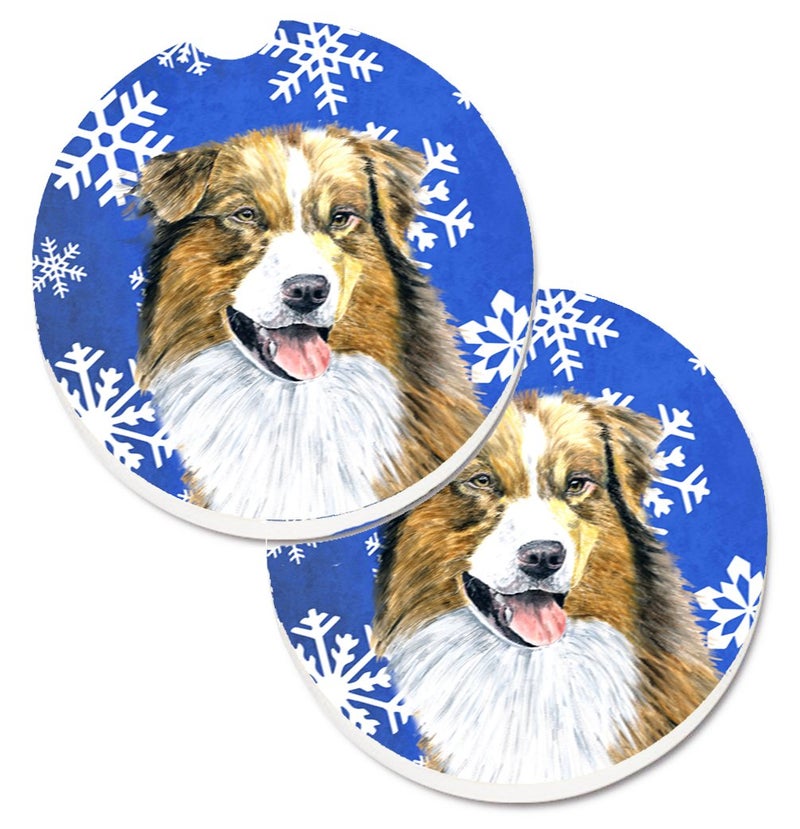 Caroline's Treasures SC9397CARC Australian Shepherd Winter Snowflakes Holiday Set of 2 Cup Holder Car Coasters Absorbent Sandstone Coasters for Car Cup Holders Gifts for Men or Women  Large  Multicolo