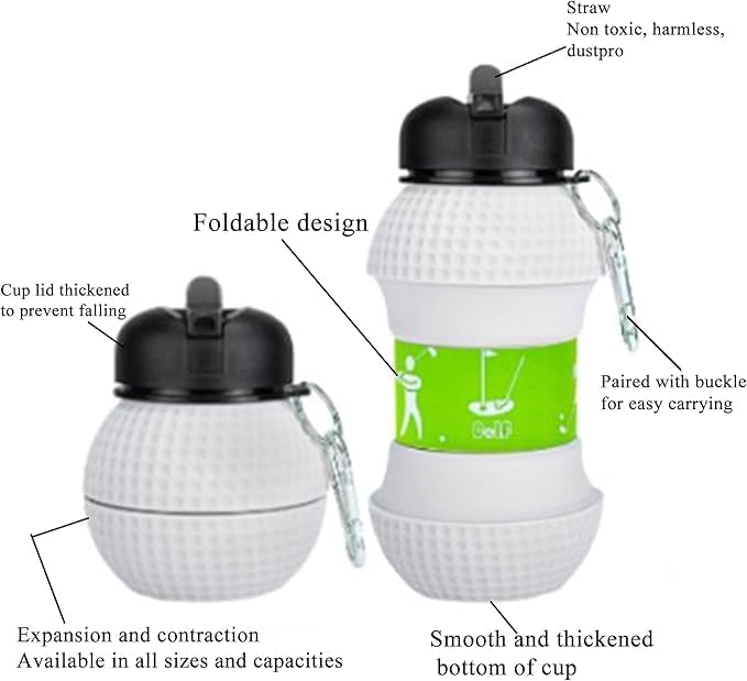 Jukusa Golf Ball Design Collapsible Water Bottle 600ML. | Non-Toxic Foldable Silicone Travel Sports Bottle with Carrying Buckle | Portable for Sports Gym Outdoor Daily Use (White) - Image 2