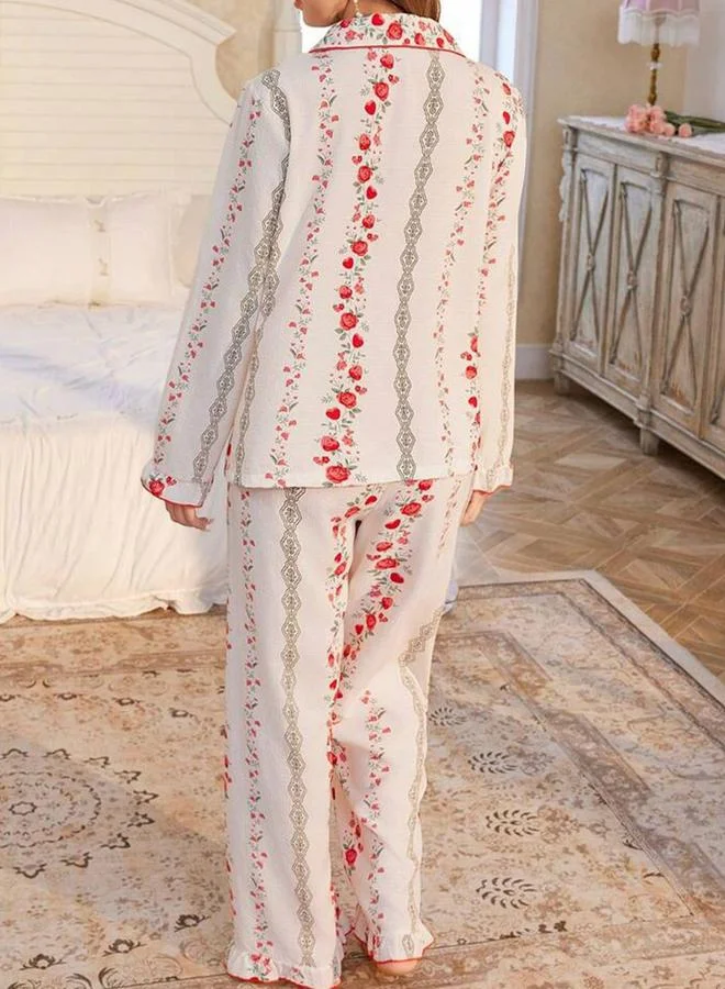 Take Two  White Floral Print Shirt and Ruffle Hem Pyjama Set for Women | Best Price UAE