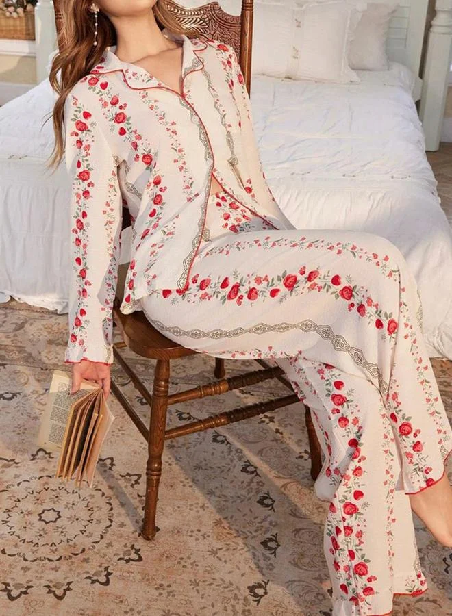 Take Two  White Floral Print Shirt and Ruffle Hem Pyjama Set for Women | Best Price UAE
