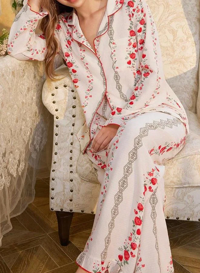 Take Two  White Floral Print Shirt and Ruffle Hem Pyjama Set for Women | Best Price UAE