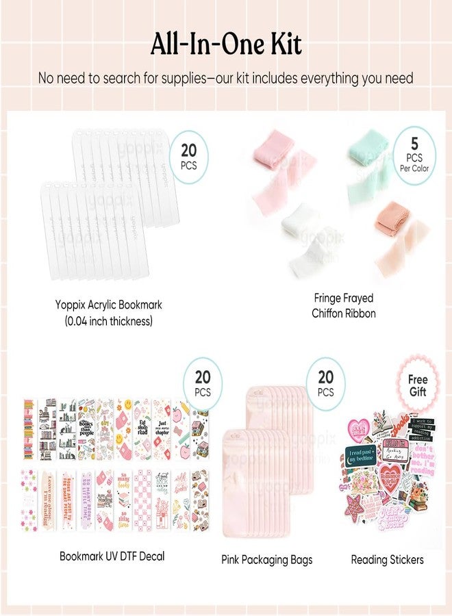 YOPPIX 6x2” Acrylic Bookmark Blanks- 20 Pieces Bookmark Making Kit with 20 UV DTF Stickers About Booklover Theme and 20 Ribbon for DIY Your Crafts Gifts Booklovers Gifts - Image 3