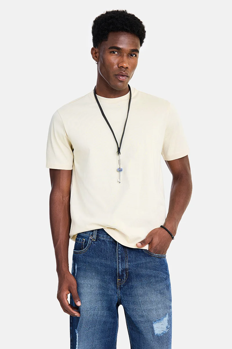 SNITCH Off-White Solid Half Sleeve Regular Fit Casual T-Shirt