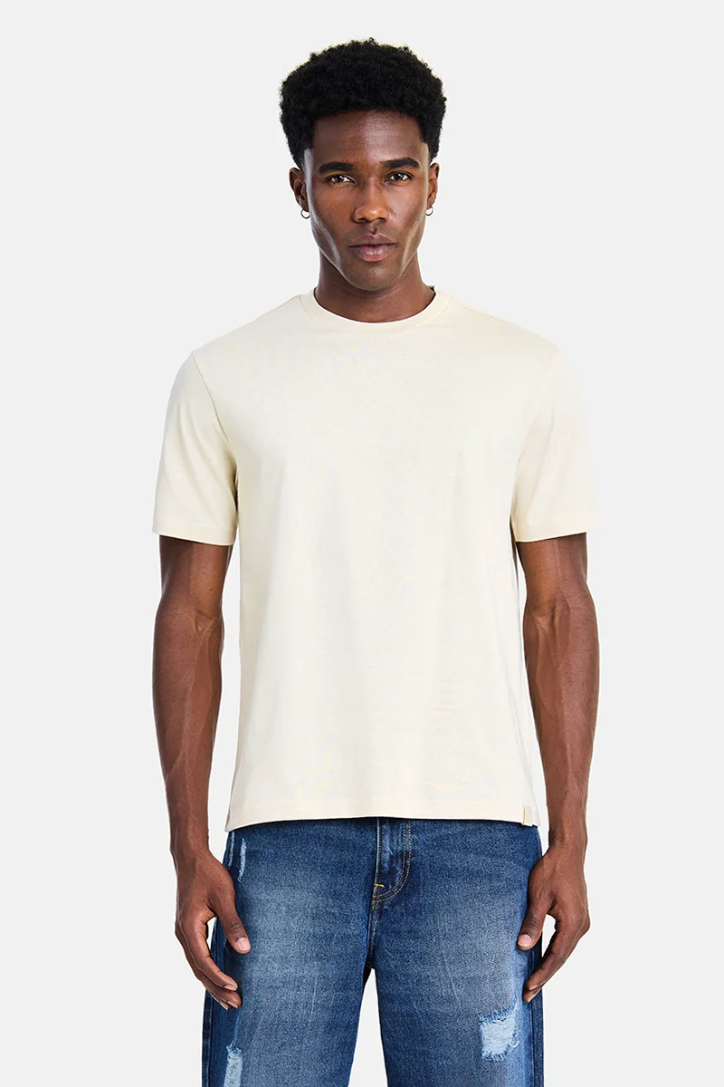 SNITCH Off-White Off-White Solid Half Sleeve Regular Fit Casual T-Shirt for Men | Best Price UAE