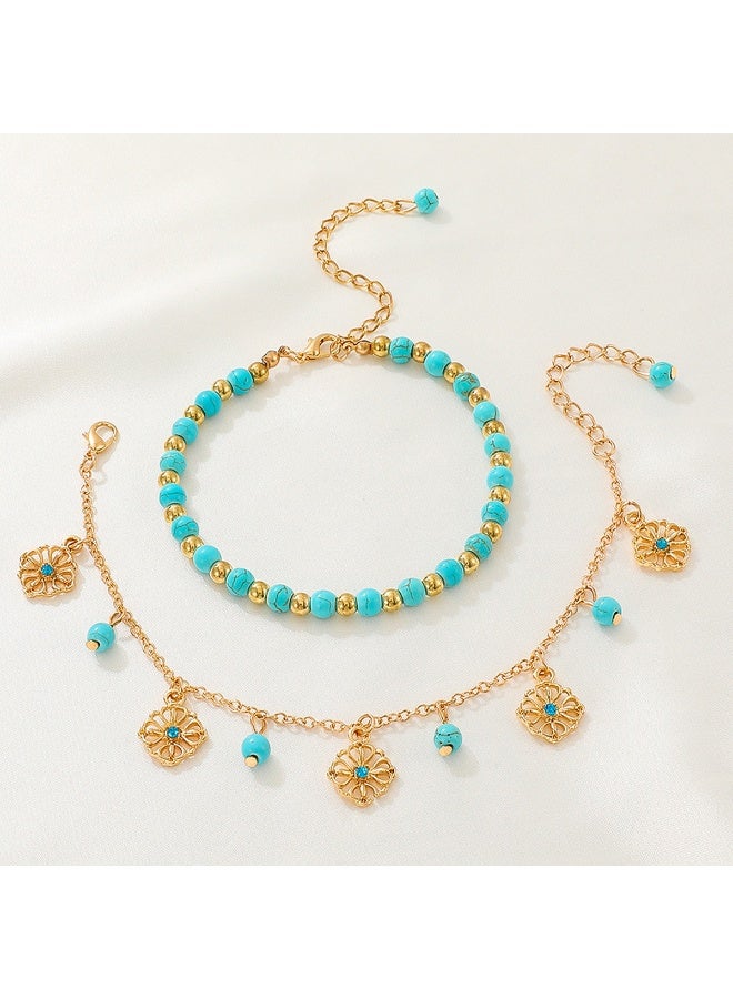 XIXI Bohemian Layered Blue Stone Bead & Flower Charm Adjustable Anklet Set - Image 1