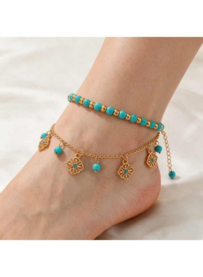 XIXI Bohemian Layered Blue Stone Bead & Flower Charm Adjustable Anklet Set - Image 3