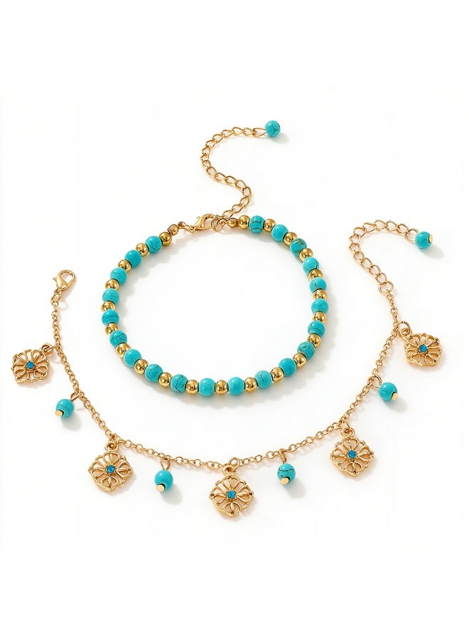 XIXI Bohemian Layered Blue Stone Bead & Flower Charm Adjustable Anklet Set - Image 4