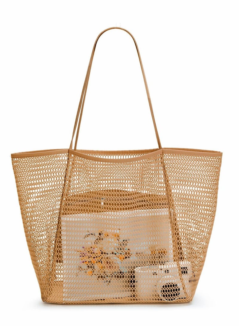 NIBEMINENT Mesh Beach Bag for Women, Large Tote Lightweight Foldable with Zipper Pocket Women Vacation Pool Trip  - Image 1