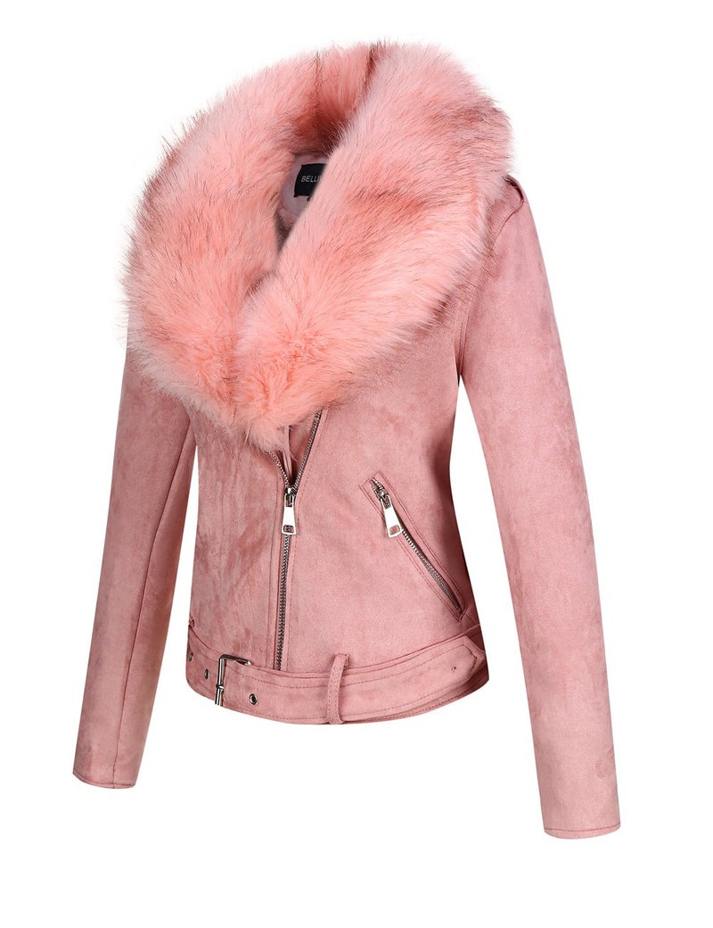 Bellivera Women's Faux Leather Suede Jacket Moto Fleece-Lined Coat with Detachable Fur Collar 8830 Pink XL - Image 2