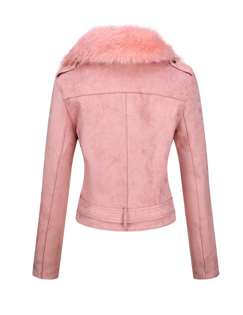 Bellivera Women's Faux Leather Suede Jacket Moto Fleece-Lined Coat with Detachable Fur Collar 8830 Pink XL - Image 3