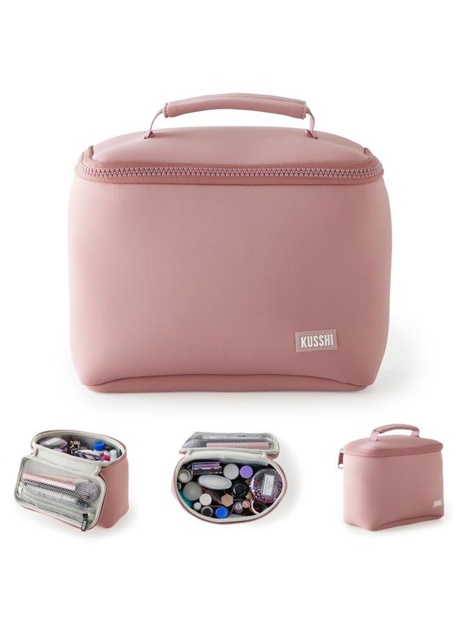 KUSSHI Neoprene Train Case Makeup Bag - Washable Makeup Travel Bag & Vanity Case for Stress Free Travel (Large, Mauve/Stone) - Image 1
