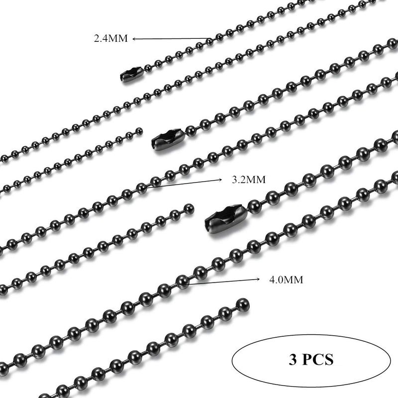 FOSIR 2.4-4mm Stainless Steel Black Ball Chain Necklace for Men Women, 3Pcs Beaded Military Chains for Men, Dog Tag Chain Necklaces Set, 18-30 Inch - Image 2