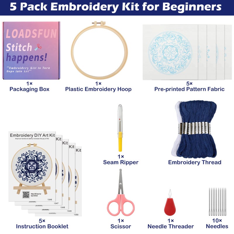LOADSFUN 5 Pieces Embroidery Kit for Beginners, Cross Stitch Kits with Stamped Patterns,Hoop,Threads,Needle Threader Needlepoint Kits Crafts for Adults Step by Step Instructions Video - Image 5