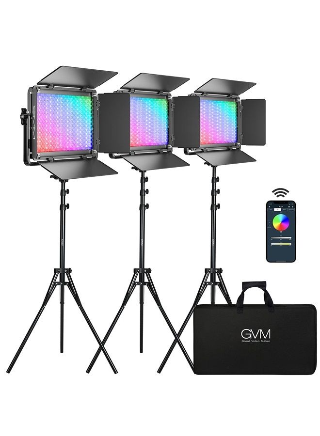 GVM 65W RGB Video Light with Bluetooth Control, 1300D LED Video Lighting Kit, 25000lux/0.5m, 360° Full Color Photography Lighting Kit, 3 Packs Led Panel Light for YouTube, Web Conference, Streaming