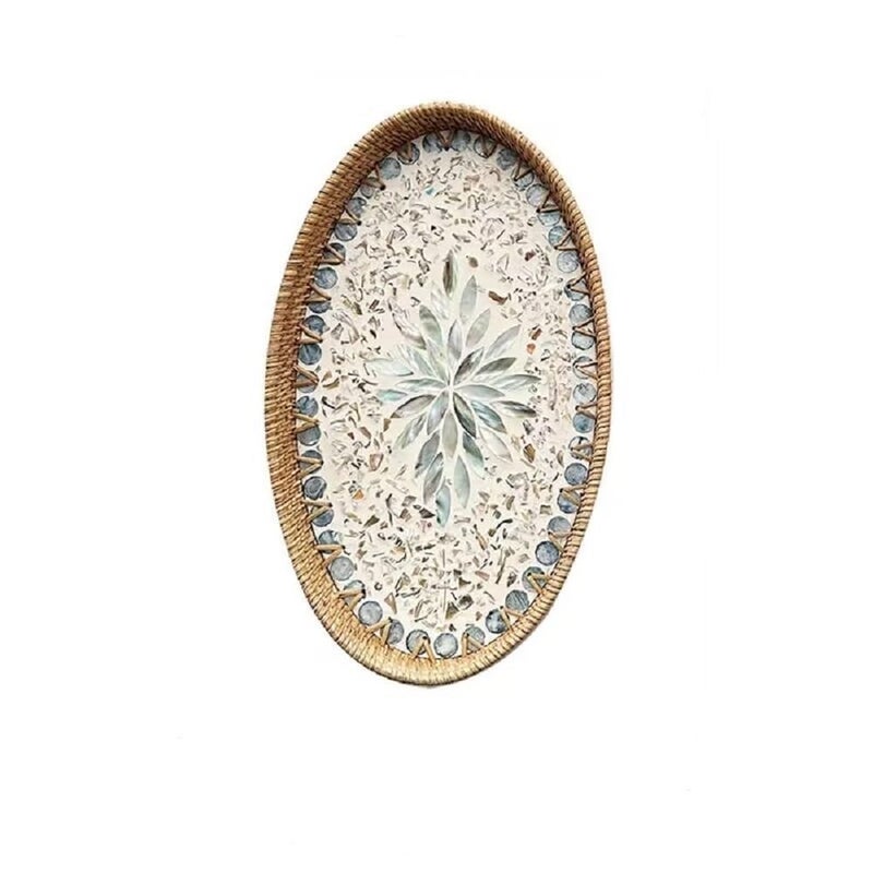 Afiaiwei 145 Inch Serving Tray for Coffee Table Ottoman Dcor Tray for Living Room Mother of Pearl Inlay Rattan Centerpiece Tray for Candle Holder Flower Coffee Bread Fruit Large - Image 2