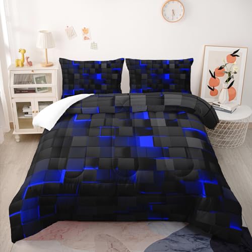 Nttopship Geometric Blue Black Comforter SetLight Honeycomb 3 Piece Bedding Set Twin Size for Teen BoysModern Quilt Set Geometry DecorMicrofiber Lightweight 1 Comforter 2 Pillowcases All Season - Image 3