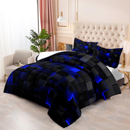 Nttopship Geometric Blue Black Comforter SetLight Honeycomb 3 Piece Bedding Set Twin Size for Teen BoysModern Quilt Set Geometry DecorMicrofiber Lightweight 1 Comforter 2 Pillowcases All Season - Image 1