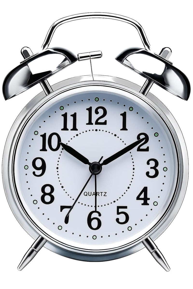 CBK Retro Twin Bell Table Clock, Metal Frame Alarm Clock with Night Backlight, Silent Movement, High Volume for Heavy Sleeper Alarm for Home, Office, Bedroom, Living Room (Silver Clock) - Image 1