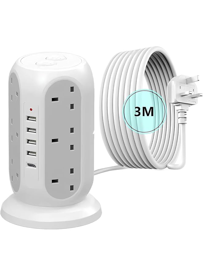 promass 4000W 3m Cord Extension Tower Strip 12 Outlets 4 USB A 1 Type C 2 Switch, Surge Protector Multi Extension Tower Lead Multiplug Socket, Extension Cord with Multiple Plug for Home Office (White) - Image 1