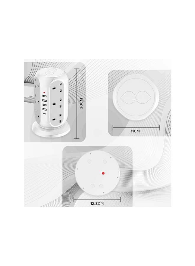 promass 4000W 3m Cord Extension Tower Strip 12 Outlets 4 USB A 1 Type C 2 Switch, Surge Protector Multi Extension Tower Lead Multiplug Socket, Extension Cord with Multiple Plug for Home Office (White) - Image 3