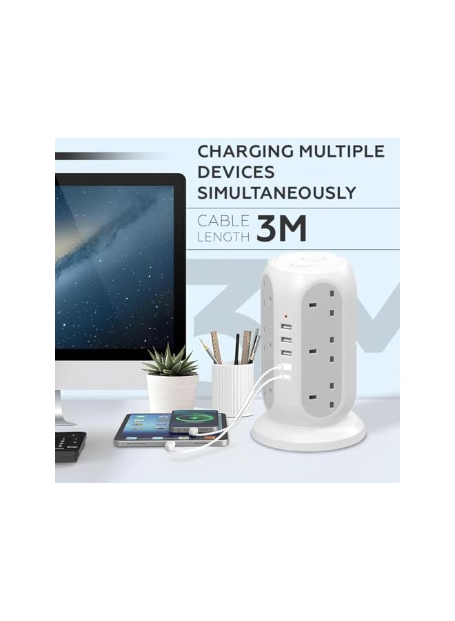 promass 4000W 3m Cord Extension Tower Strip 12 Outlets 4 USB A 1 Type C 2 Switch, Surge Protector Multi Extension Tower Lead Multiplug Socket, Extension Cord with Multiple Plug for Home Office (White) - Image 4