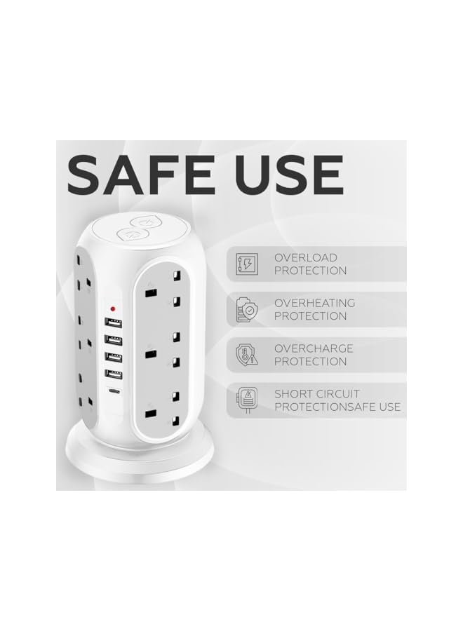 promass 4000W 3m Cord Extension Tower Strip 12 Outlets 4 USB A 1 Type C 2 Switch, Surge Protector Multi Extension Tower Lead Multiplug Socket, Extension Cord with Multiple Plug for Home Office (White) - Image 5